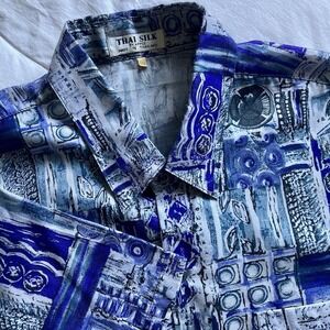 Vtg 90s Thai Silk Button Up Shirt Mens 2XL Blue Abstract Geometric Funky Beachy